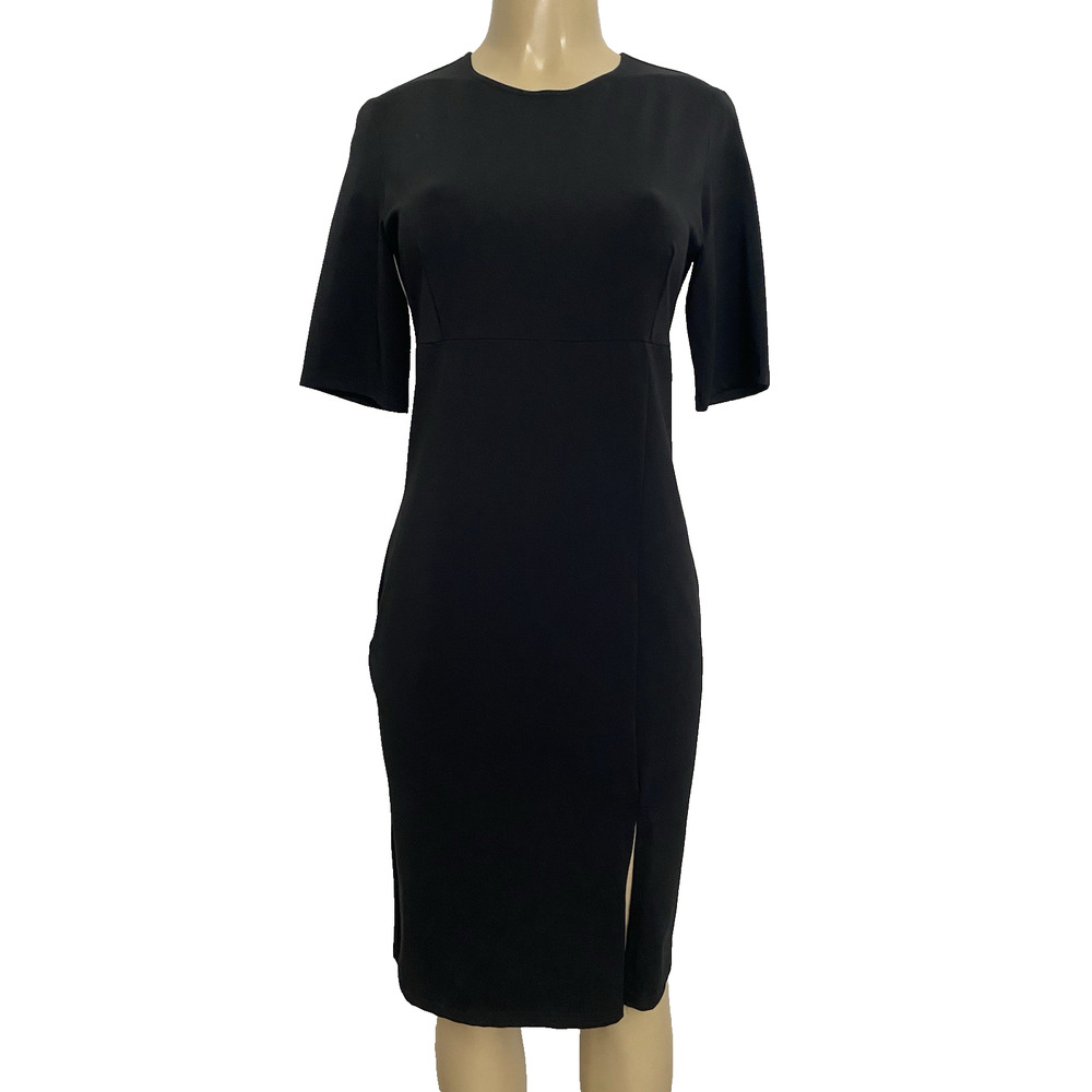 Agnes B Dress Black Stretchy Short Sleeve Crew Neck Slit Knee Length LBD 3 L